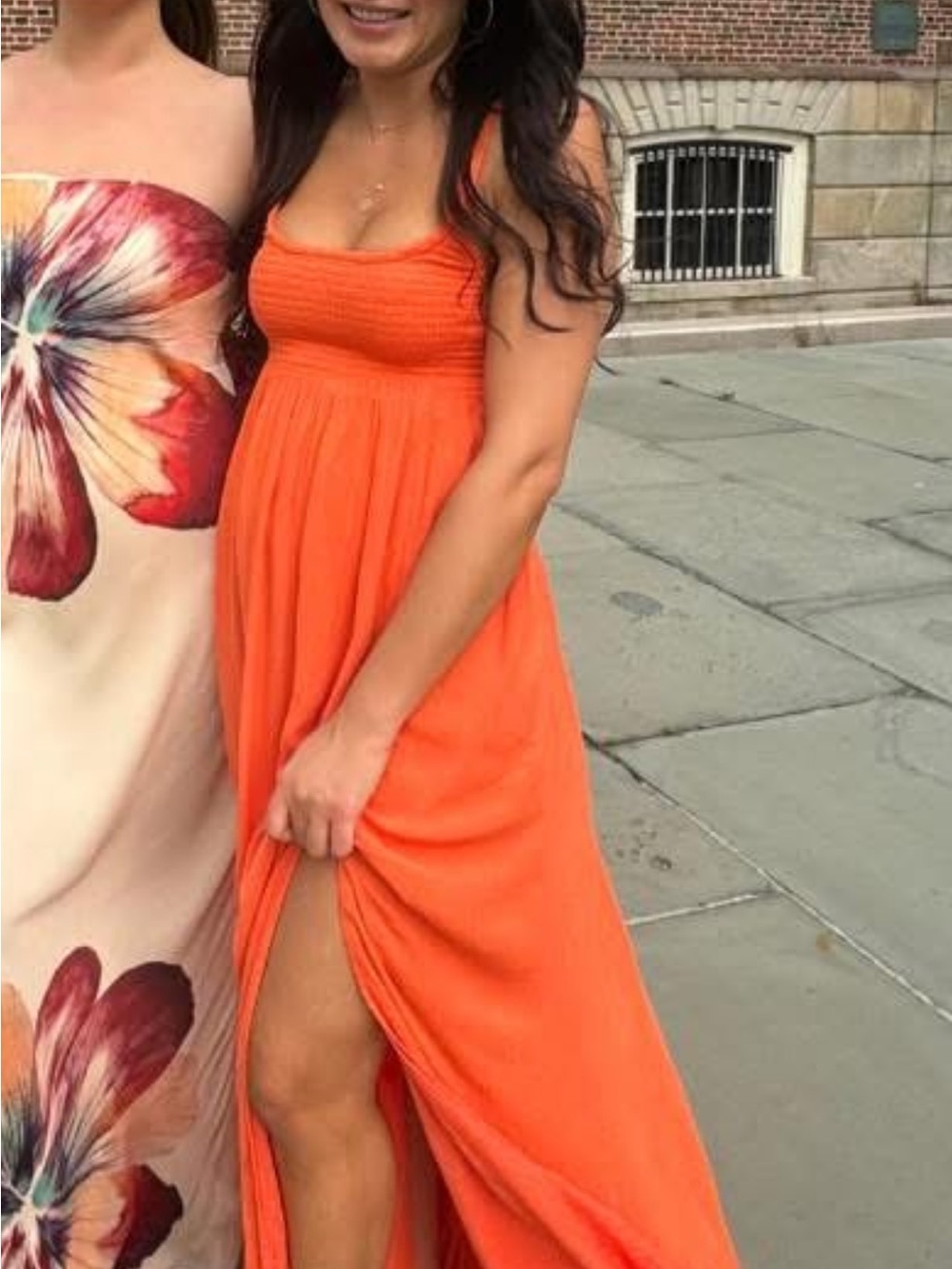 Free People Bright Orange Smocked Maxi Dress with Side Slit